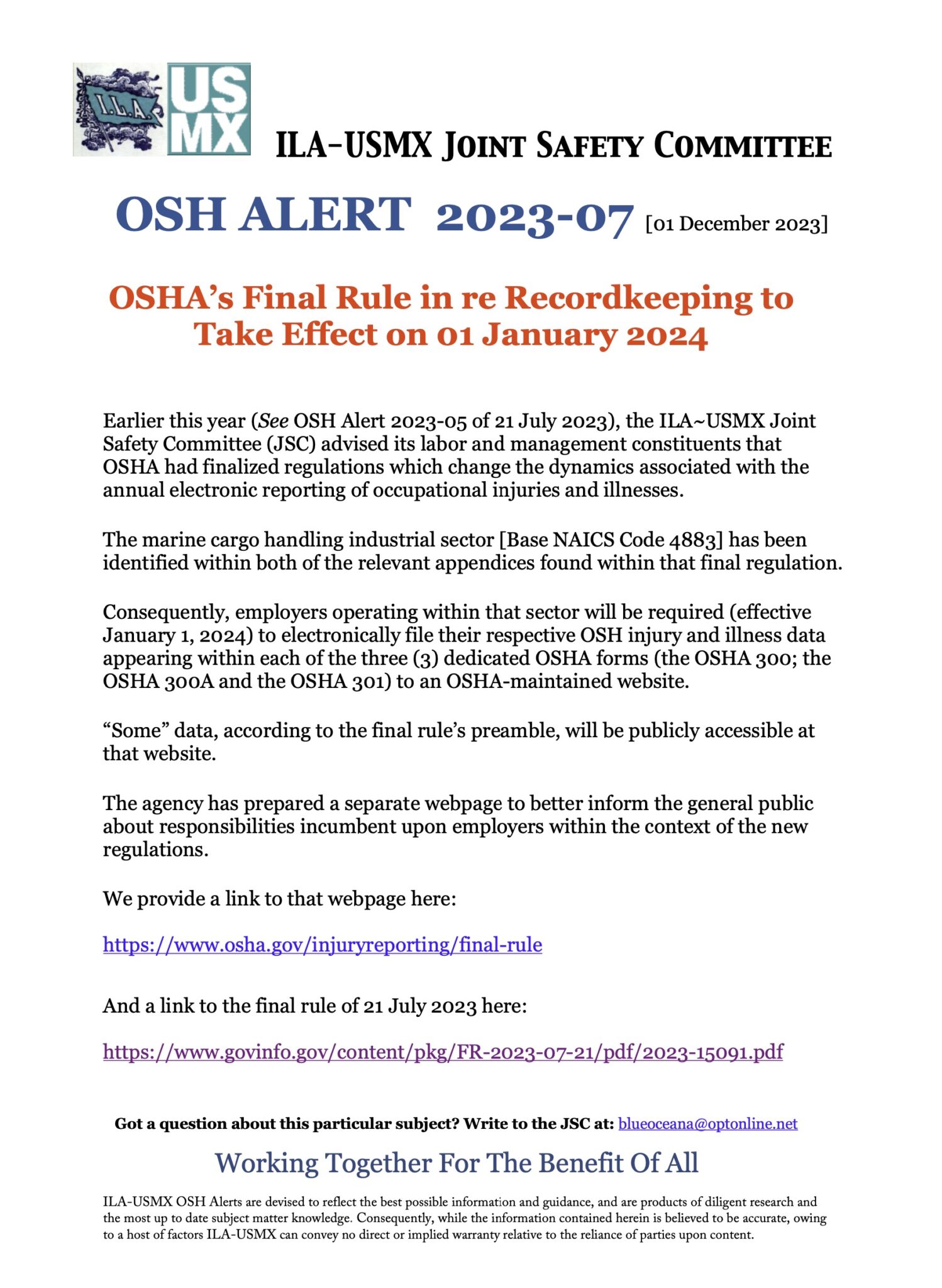 ILAUSMX Joint Safety Committee OSH Alert 202307 OSHA’s Final Rule in